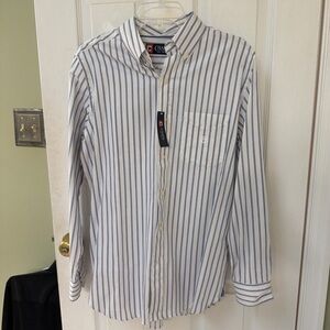 Chaps Men's White and Blue Striped Button Down Shirt